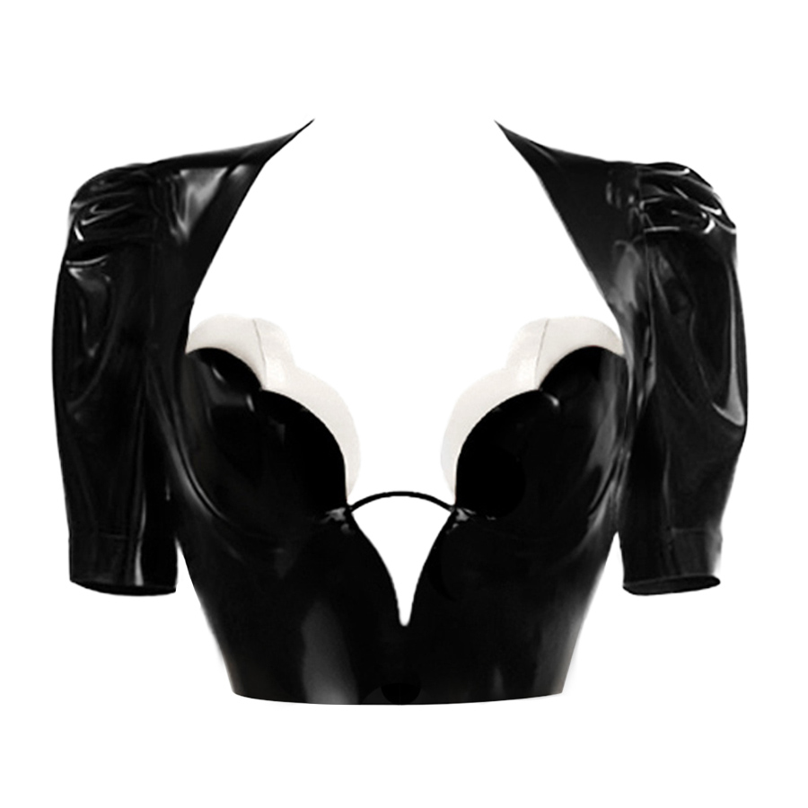 Atsuko Kudo Latex Double Tulip Cup Puff Sleeve Crop Top in Black