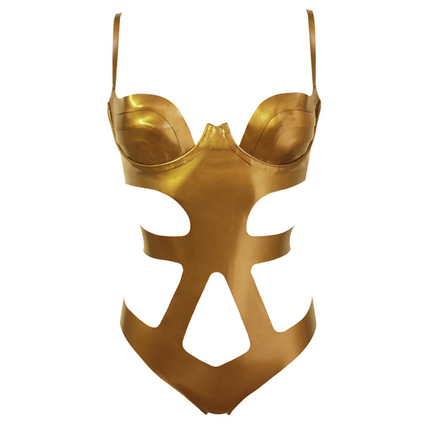 Atsuko Kudo Latex Star Cutout Bodysuit in Antique Gold